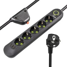 Akım Korumalı Grup Priz, 5 Li Priz,1.5 Metre Kablolu, 3 USB Li 3000W, 16 Amper, Kablo Üstünde Termal Koruma Sigortalı, Çocuk Korumalı, Topraklı (Sıyah-5)