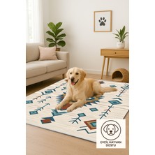 Lofy Halı Krem Zeminli Geometrik Etnik Desen Halı 160X230 Yıkanabilir