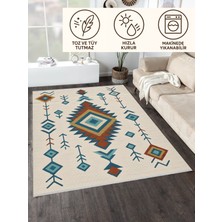 Lofy Halı Krem Zeminli Geometrik Etnik Desen Halı 160X230 Yıkanabilir