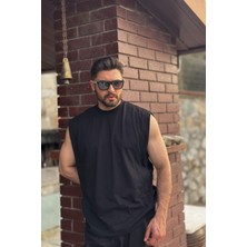 Guaraz Erkek Siyah Basketci Sıfır Kol Bisiklet Yaka Oversıze Kolsuz Kejıl T-Shirt