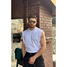 Guaraz Erkek Beyaz Basketci Sıfır Kol Bisiklet Yaka Oversıze Kolsuz Kejıl T-Shirt