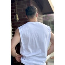 Guaraz Erkek Beyaz Basketci Sıfır Kol Bisiklet Yaka Oversıze Kolsuz Kejıl T-Shirt