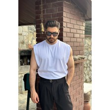 Guaraz Erkek Beyaz Basketci Sıfır Kol Bisiklet Yaka Oversıze Kolsuz Kejıl T-Shirt