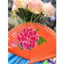 Yelpaze Bambu Çift Taraflı Çiçekli El Boyama Turuncu