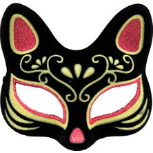 Siyah Süet Kırmızı Sarı Simli Kedi Maskesi