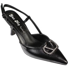 Yazkış Kadın Siyah Beyaz Rugan Üzeri V Tokalı Önü Sivri Arkası Açık 8cm Kadeh Topuk Steletto Ayakkab