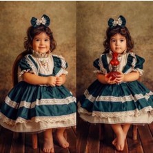 Hly Karol Tasarım Yeşil Krem Vintage Kız Bebek Elbisesi, Özel Dikim Kız Çocuk Elbisesi, Doğum günü elbisesi, fotoğraf