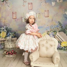 Hly Karol Tasarım Somon Mint Çiçekli Vintage Kız Bebek Elbisesi Özel Dikim Prenses Kesim