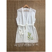 Zeytin Dalı Desenli Buldan Bambu Kolsuz Peştemal Kimono Plaj Elbisesi
