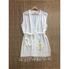 Çıpalı Deniz Atı ve Deniz Bitkisi Tasarımlı Buldan Bambu Kolsuz Peştemal Kimono Plaj Elbisesi