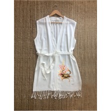 Yengeç Desenli Buldan Bambu Kolsuz Peştemal Kimono Plaj Elbisesi