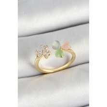 Pirinç Kalp Figürlü Zirkon Taşlı Gold Renk Ayarlanabilir Kadın Yüzük - EBJ250530W34361