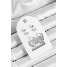 Pirinç Zirkon Taş ve Halka Figürlü Gümüş Renk 3'lü Çift Kadın Küpe Set - EBJ250530W34472