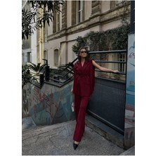 Kuşaklı Blazer Yelek Pantolon Ikili Takım