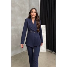 Kadın Ikili Blazer Ceket Pantolon Takım Pile ve Düğme Detaylı Boru Paça
