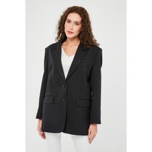 Bolivente Siyah Kadın Oversize Düğmeli Blazer Ceket Standart Kalıp