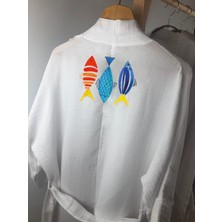 Renkli Balıklar Desenli Beyaz Müslin Kimono