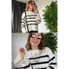 Yumuşak Dokulu Rahat ve Şık Çizgili Günlük Kadın Oversize Kadın Triko Marka Model Kadın Kazak