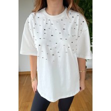 Yeni Sezon Önü Taşlı Şık Oversize Bisiklet Yaka Pamuklu Trend Kaliteli Krem T-Shirt Rahat Kesim