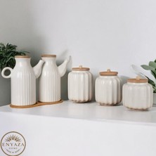 6 Parça Bambu Standlı 2’li 1000 ml Yağdanlık ve 3’lü Porselen Çay Şeker Tuz Kahve Kavanoz Seti