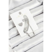 Pirinç Kalp Figürlü Zirkon Taşlı Gümüş Renk 3'lü Kıkırdak Kadın Küpe Set