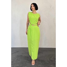 Moda Kumsal Fıstık Yeşili Kuşaklı Crop ve Etek Takım