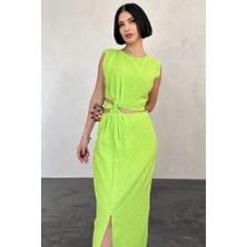 Moda Kumsal Fıstık Yeşili Kuşaklı Crop ve Etek Takım