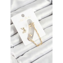 Pirinç Kelebek Figürlü Zirkon Taşlı Gold Renk 3'lü Kıkırdak Kadın Küpe Set