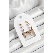 Pirinç Zirkon Taş ve Yıldız Figürlü Gold Renk 3'lü Çift Kadın Küpe Set