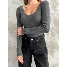 Moda Kumsal Kadın Uzun Kollu V Yaka Asit Yıkamalı Kaşkorse Bluz