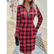 Moda Kumsal Kadın Uzun Kollu Fermuarlı Ekose Baskılı Dalgıç Elbise
