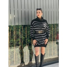 Moda Kumsal Kadın Uzun Kollu Degaje Yaka Çizgili Sonya Iplik Mini Boy Triko Elbise (Kemersiz)