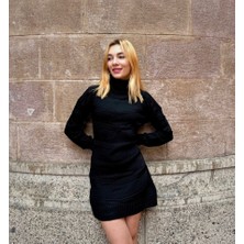 Moda Kumsal Kadın Uzun Kollu Balıkçı Yaka Triko Mini Boy Elbise