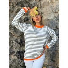 Moda Kumsal Kadın Uzun Kollu Bisiklet Yaka Çizgi Desenli Triko Bluz