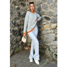 Moda Kumsal Kadın Uzun Kollu Bisiklet Yaka Çizgi Desenli Triko Bluz