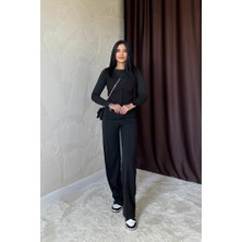 Moda Kumsal Siyah Bel Büzgülü Pantolon
