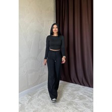 Moda Kumsal Siyah Bel Büzgülü Pantolon