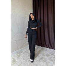 Moda Kumsal Siyah Bel Büzgülü Pantolon