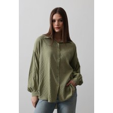 Moda Kumsal Çizgili Uzun Kol Gömlek - Haki