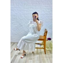Moda Kumsal Beyaz Omuzu Fırfır Detaylı ve Büzgülü Elbise