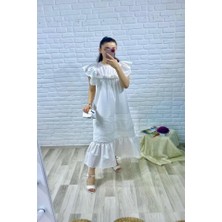 Moda Kumsal Beyaz Omuzu Fırfır Detaylı ve Büzgülü Elbise