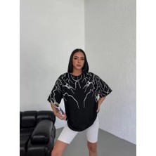 Moda Kumsal Unisex Bisiklet Yaka Baskılı Oversize T-Shirt - Siyah
