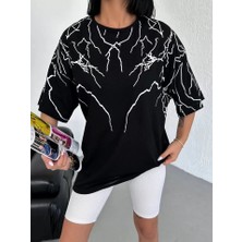 Moda Kumsal Unisex Bisiklet Yaka Baskılı Oversize T-Shirt - Siyah