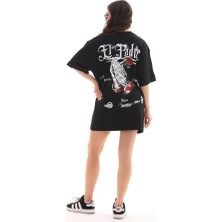 Moda Kumsal Unisex Bisiklet Yaka Baskılı Oversize T-Shirt - Siyah