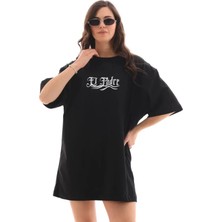 Moda Kumsal Unisex Bisiklet Yaka Baskılı Oversize T-Shirt - Siyah