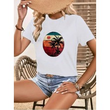 Moda Kumsal Kadın Kısa Kollu Palmiye Baskılı Viskon T-Shirt