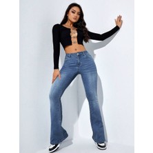Moda Kumsal Kadın Yüksek Bel Cepli Ispanyol Paçalı Kot Jeans Pantolon