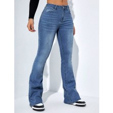 Moda Kumsal Kadın Yüksek Bel Cepli Ispanyol Paçalı Kot Jeans Pantolon