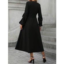 Moda Kumsal Kadın Uzun Kollu Derin V Yakalı Belden Kuşaklı Önden Düğmeli Janjan Krep Elbise