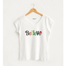 V Yaka Kadın Yılbaşı Tasarım T-Shirt